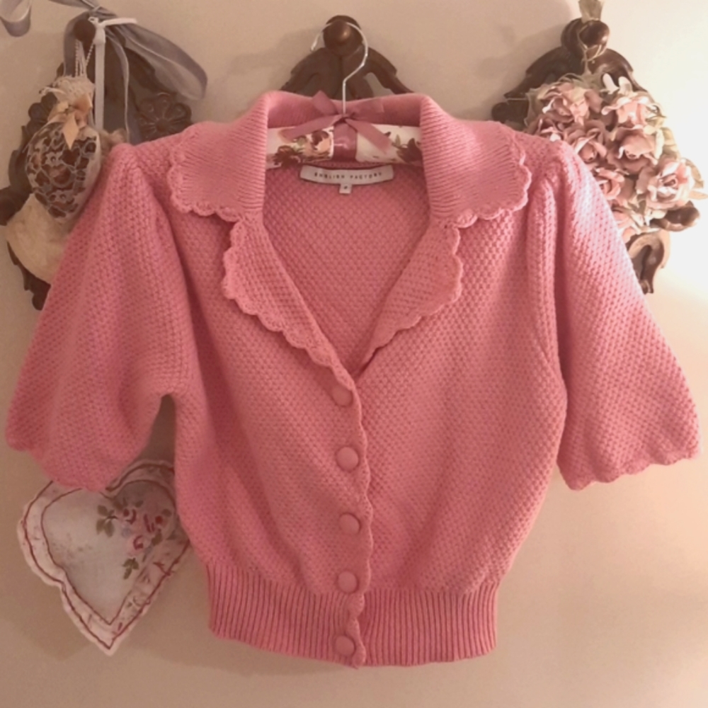 English Factory - Scallop Edge Short Sleeve Pink Cardigan, Small
